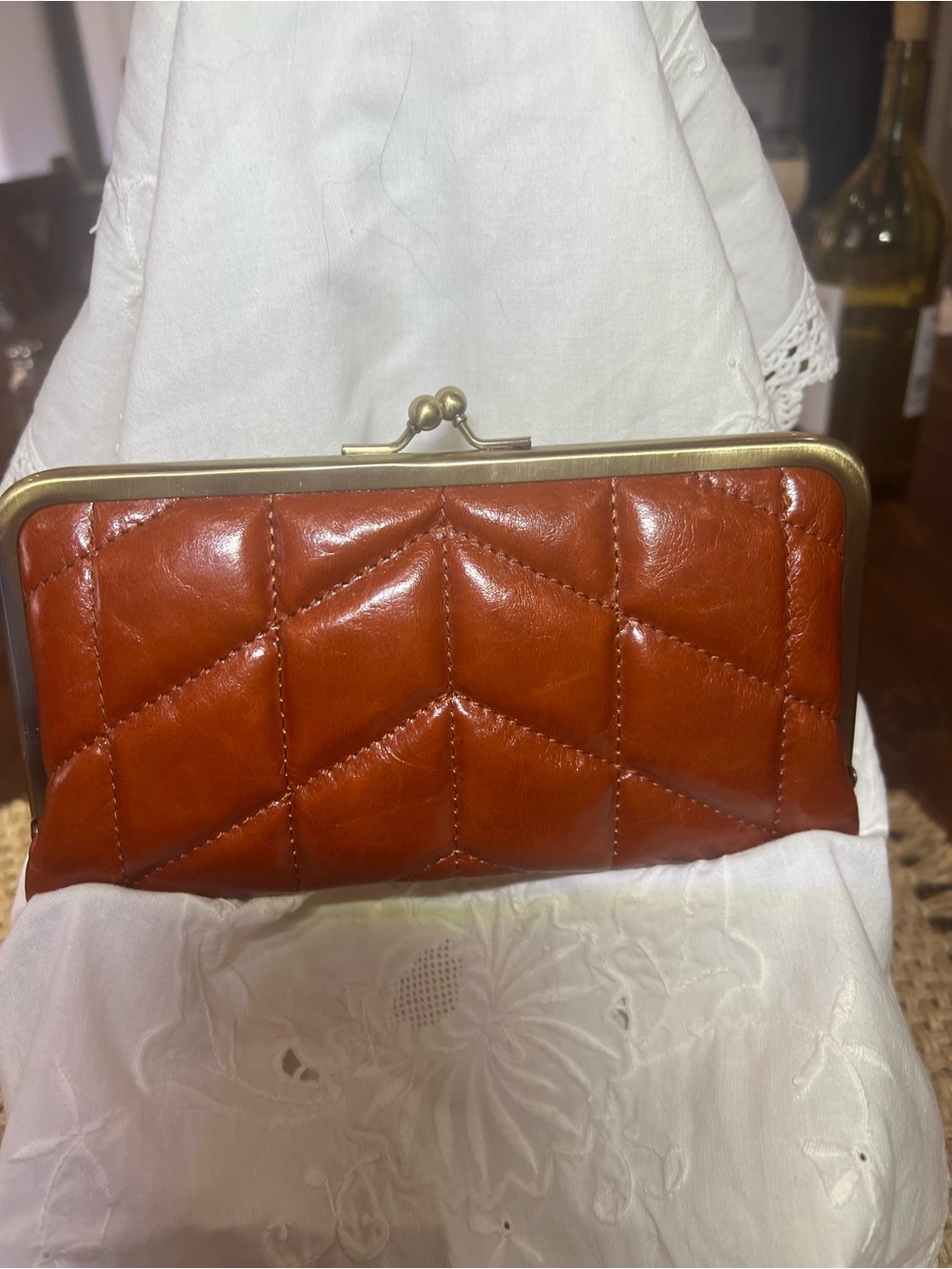 Patricia Nash Quilted Frame Clutch in Cognac Brown Everly